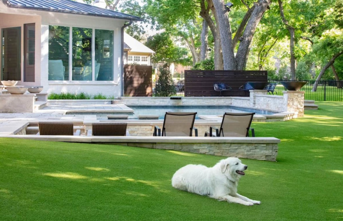 Pet-friendly artificial grass with dog relaxing in Antioch, CA yard